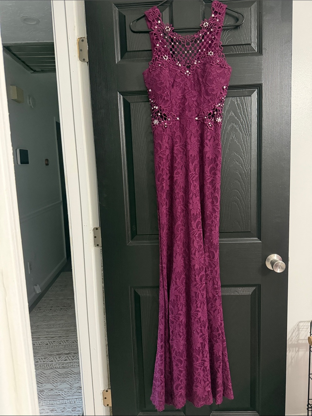 City Studio Plum Lace Evening Gown with Beaded Neckline - Picture 1 of 4
